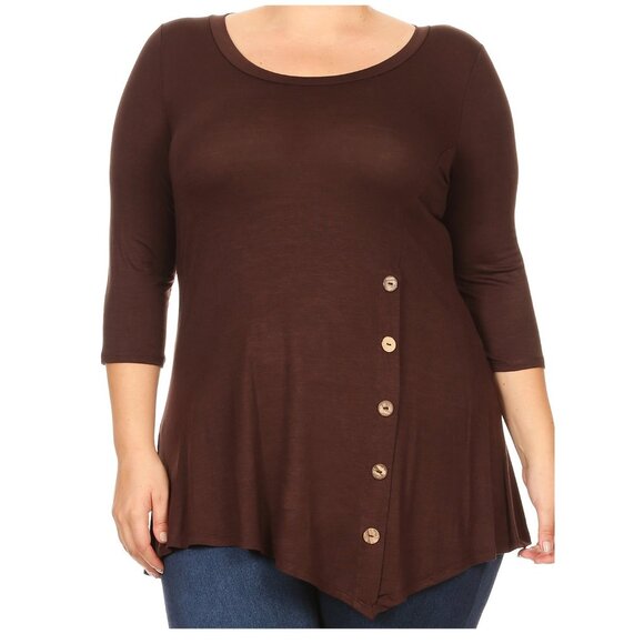 Women Plus Size Solid Button Asymmetric Knit Top Tee Blouse Shirt Brown 1X-3X - Picture 2 of 7